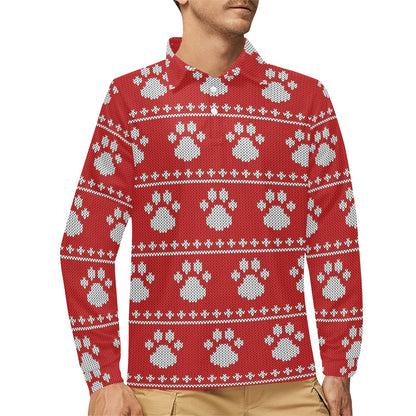Knit Paw Pattern Print Design 03 Long Sleeve Polo Shirt For Men's