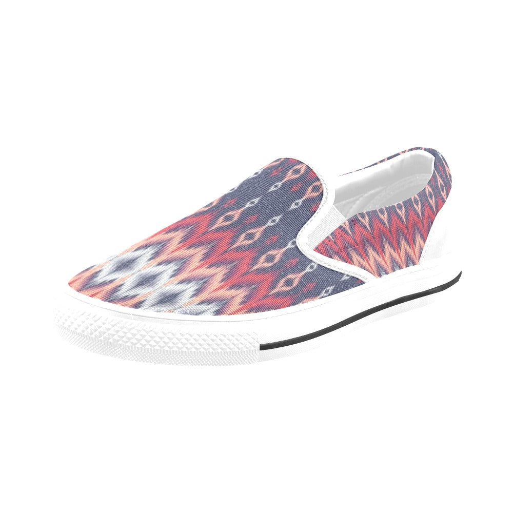 Ikat Print Design LKS401 White Slip Ons Canvas Women's Shoes