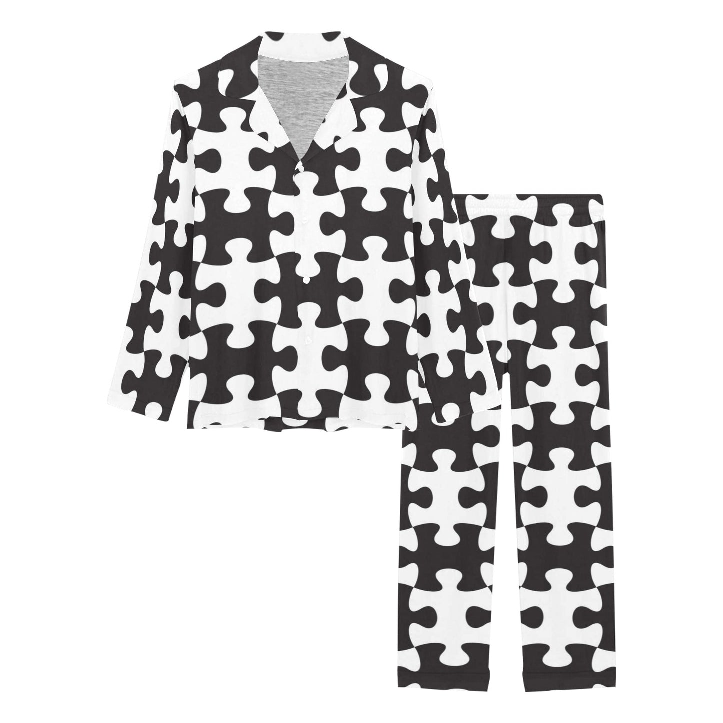 Puzzle Black White Pattern Print Design A02 Women's Long Pajama Set