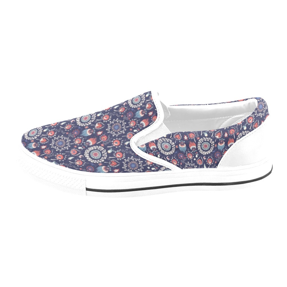 Suzani Print Design LKS305 White Slip Ons Canvas Women's Shoes