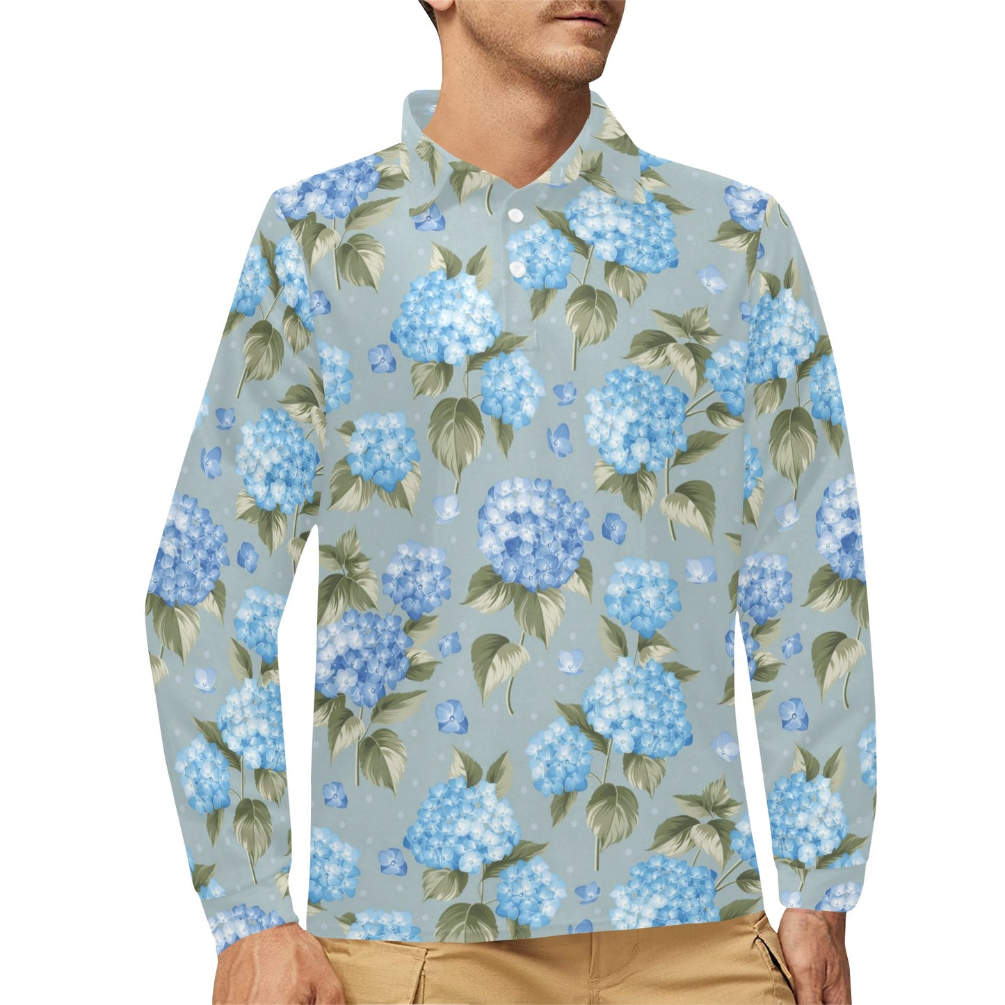 Hydrangea Pattern Print Design 01 Long Sleeve Polo Shirt For Men's