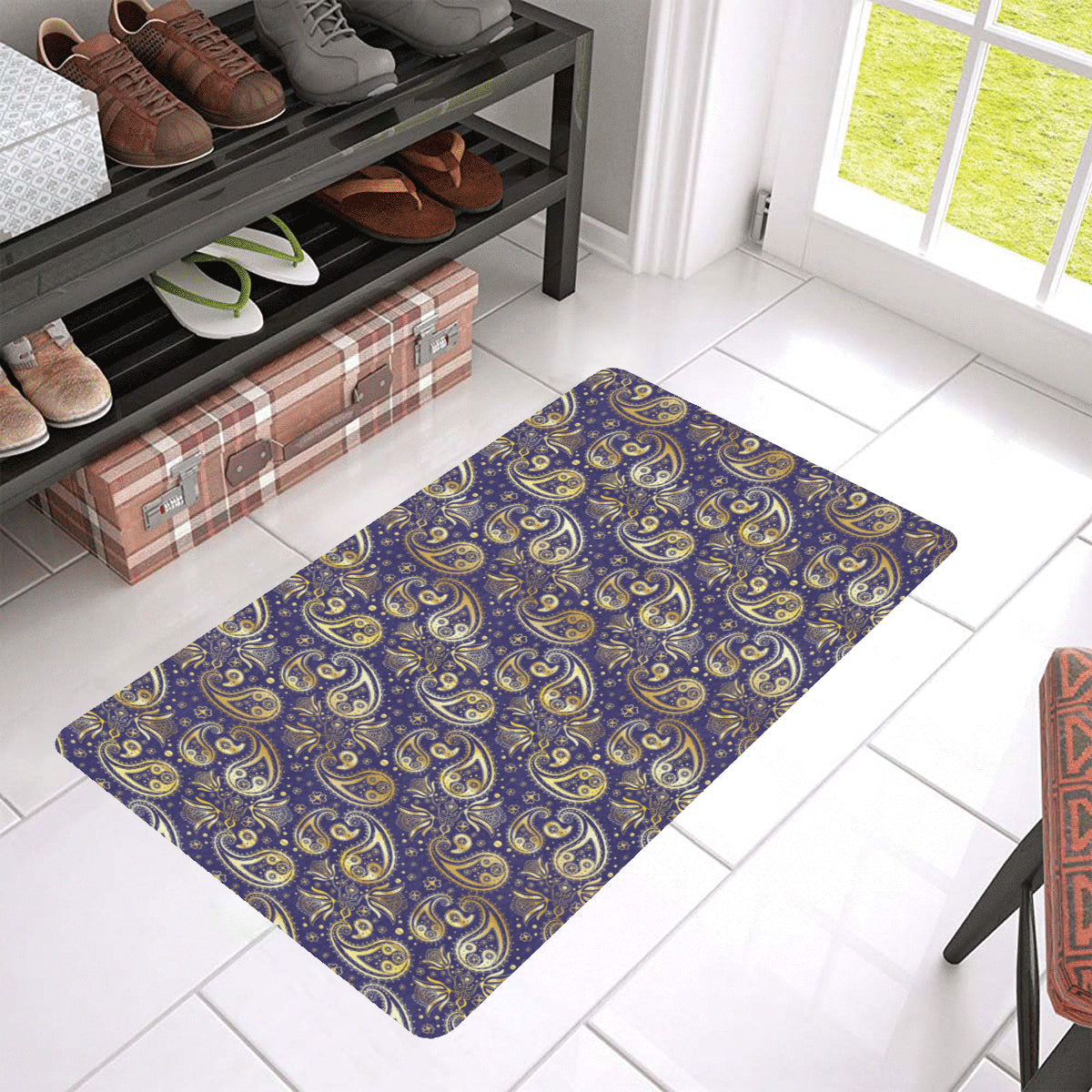 Paisley Blue Yellow Design Print Rubber Doormat