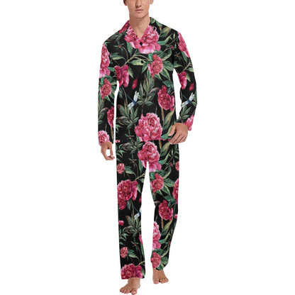 Peony Pattern Print Design PE04 Men's Long Pajama Set