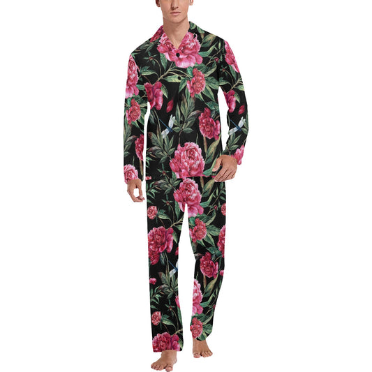 Peony Pattern Print Design PE04 Men's Long Pajama Set