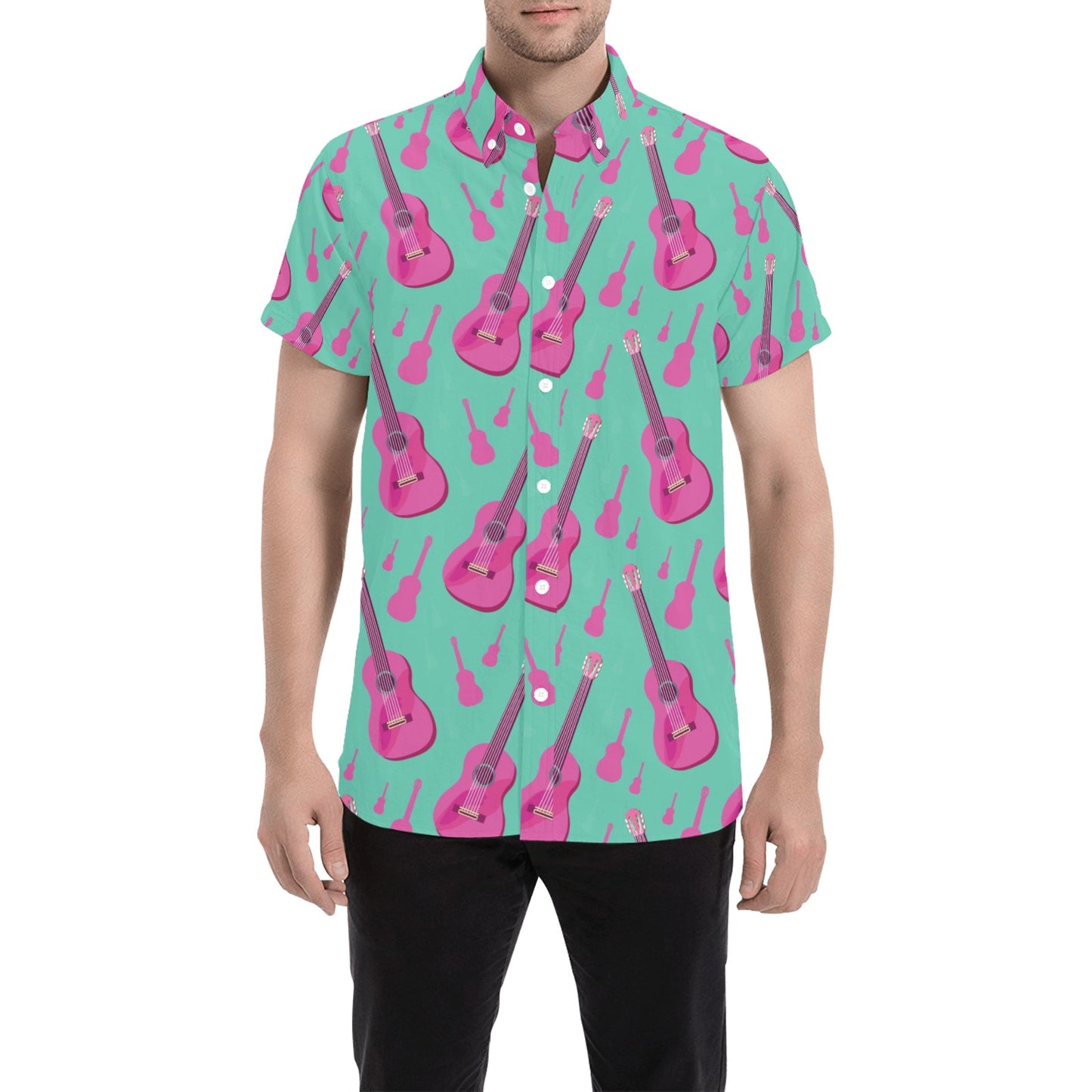 Acoustic Guitar Print Design LKS405 Men Short Sleeve Button Up Shirt
