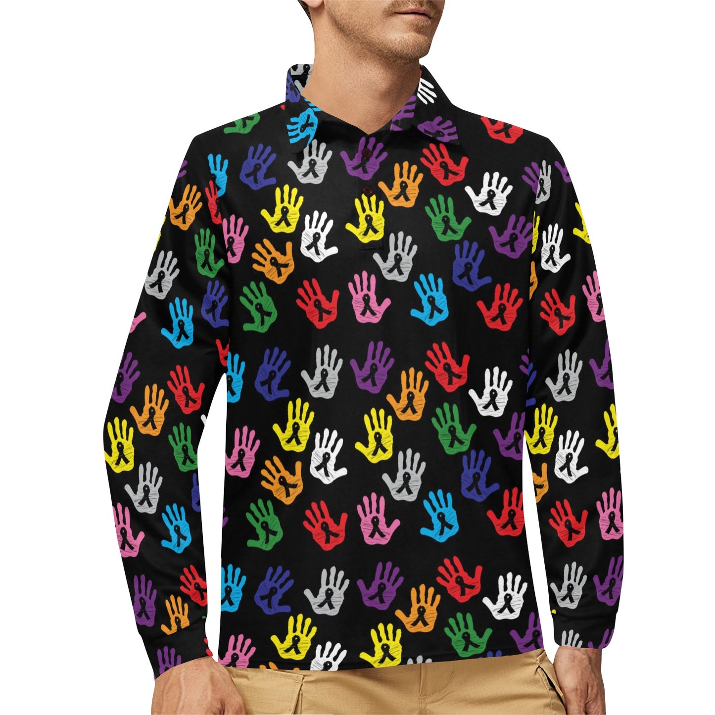 Cancer Awareness Pattern Print Design 04 Long Sleeve Polo Shirt For Men's