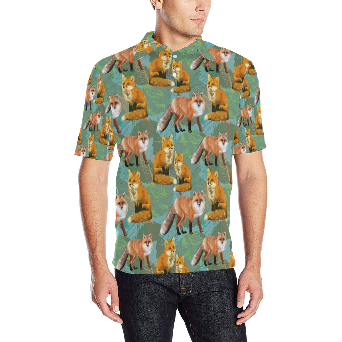 Fox Autumn leaves Themed Men Polo Shirt