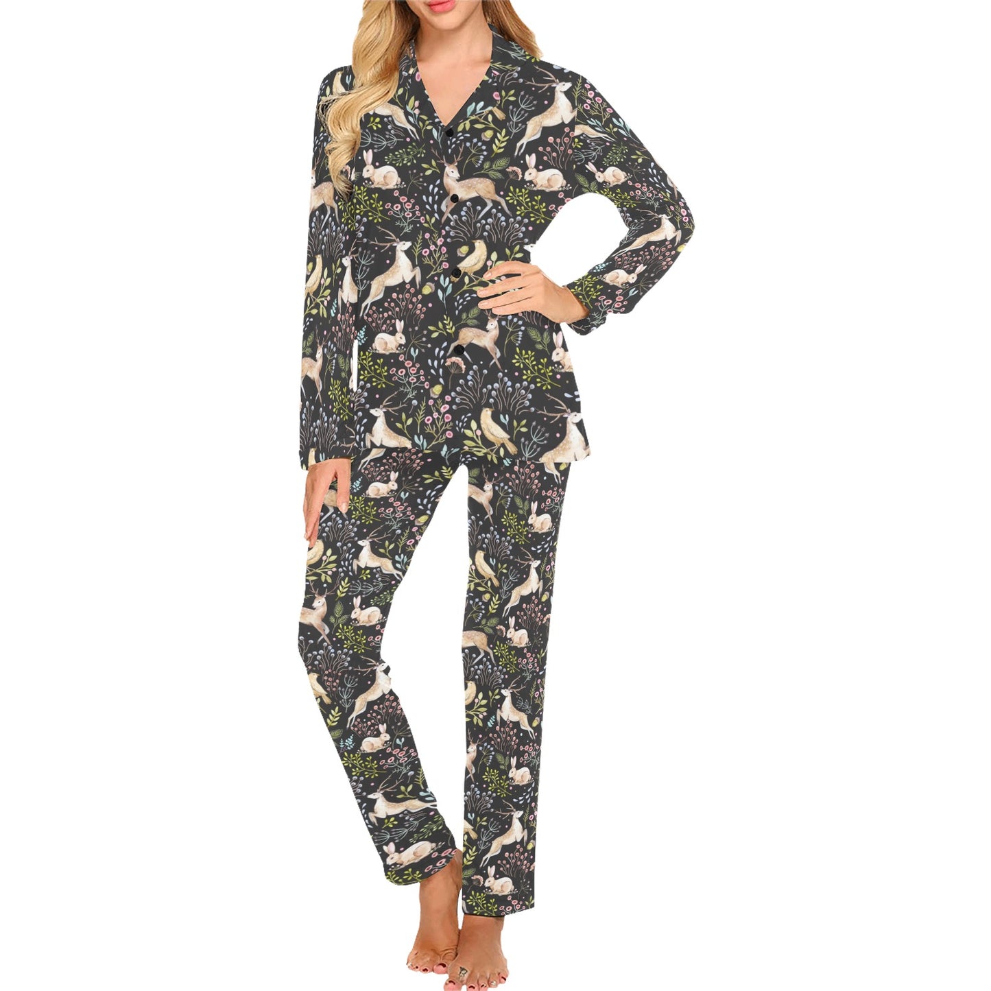 Deer Floral Jungle Women's Long Pajama Set