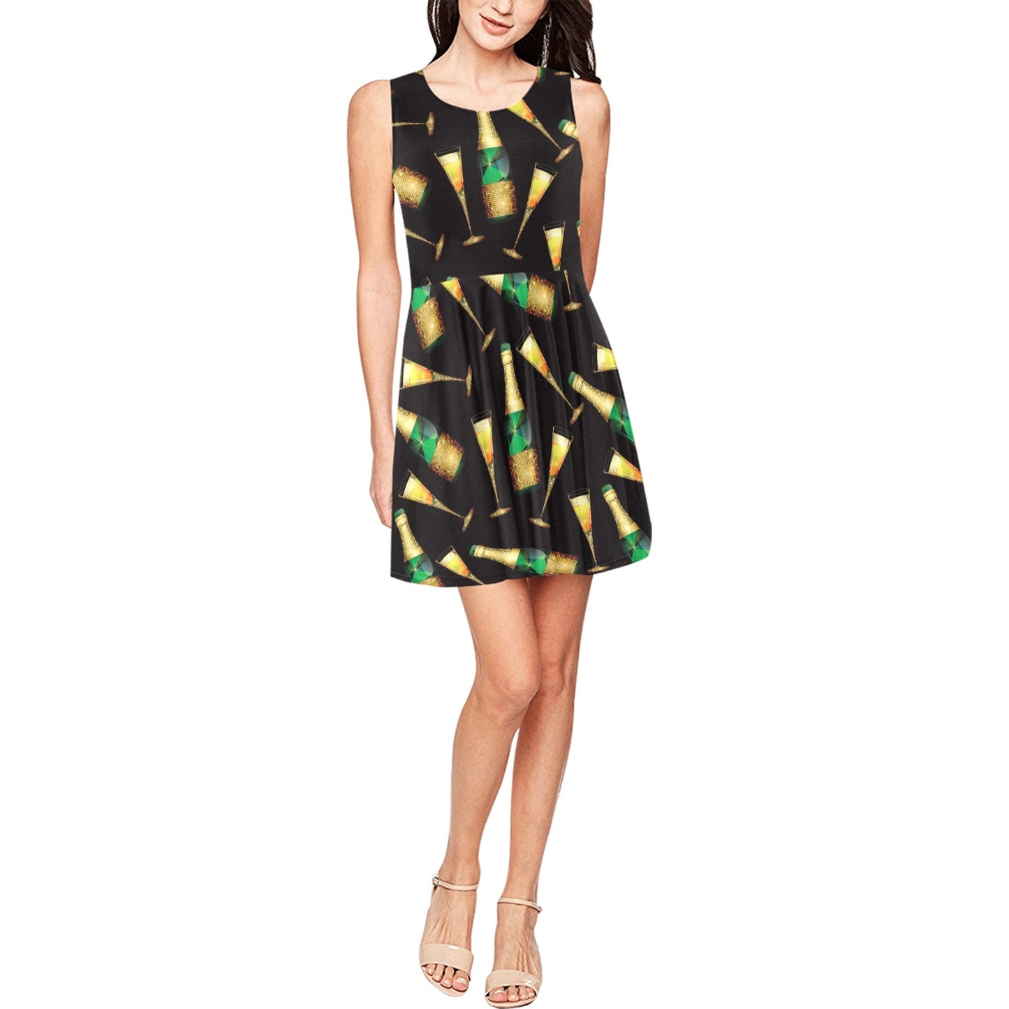 Champagne Pattern Print Design 02 Sleeveless Dress