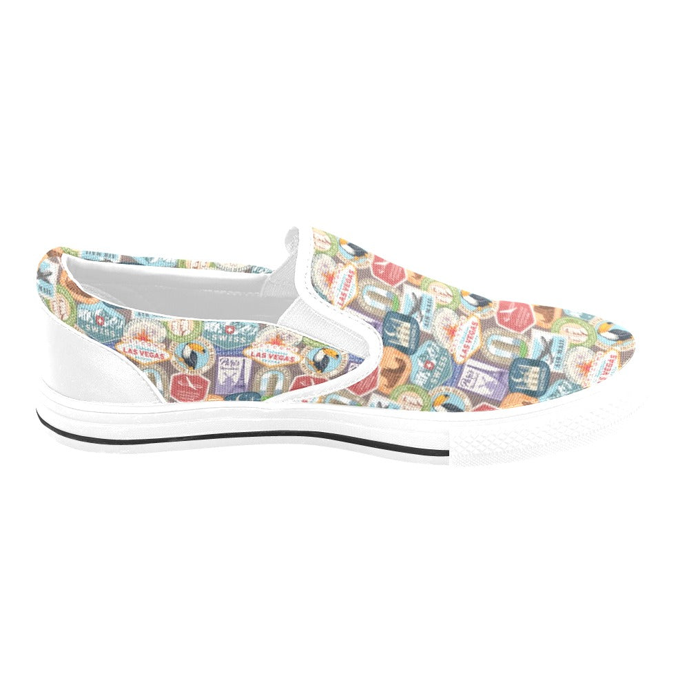 Travel Stamp Print Design LKS301 White Slip Ons Canvas Women's Shoes