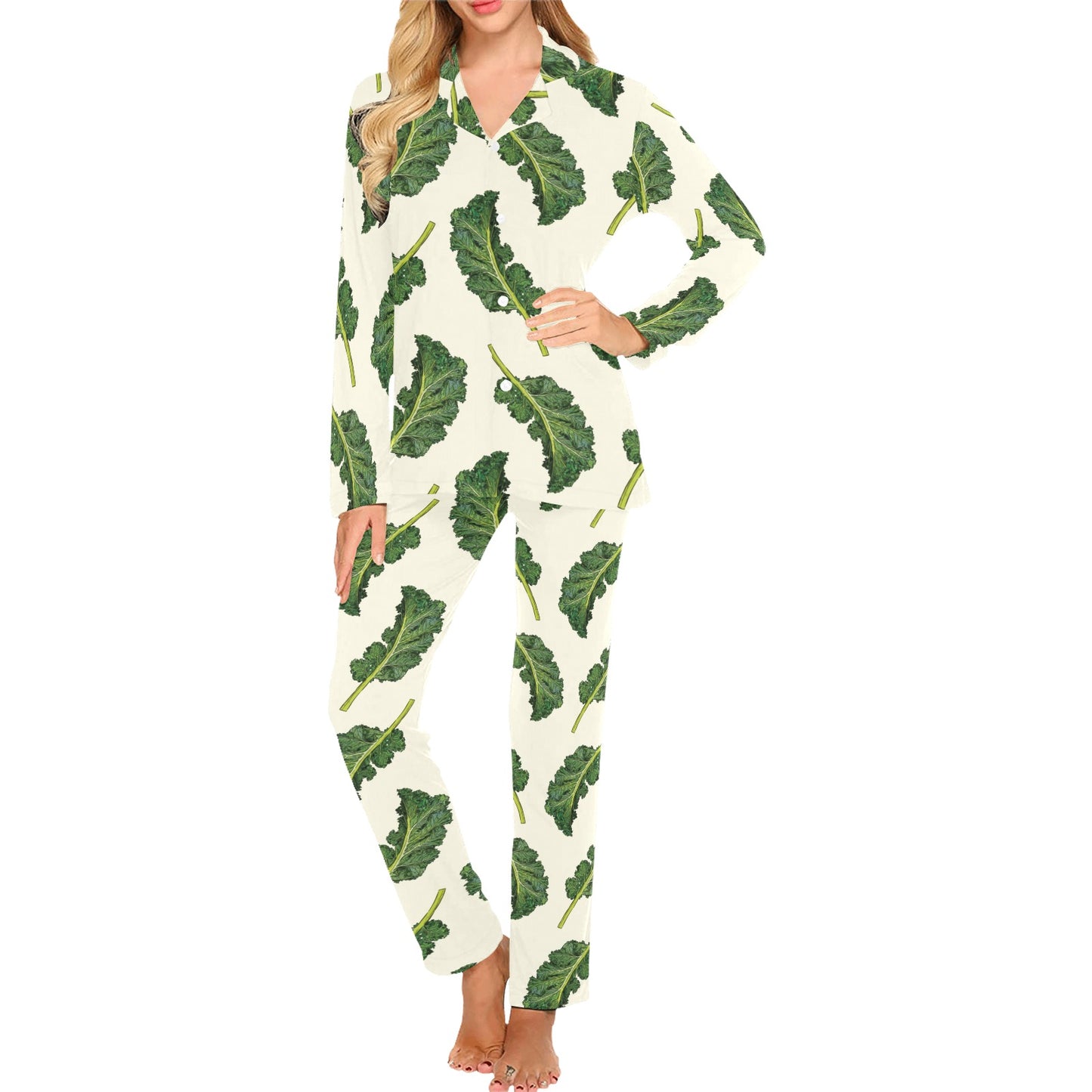 Kale Pattern Print Design 03 Women's Long Pajama Set