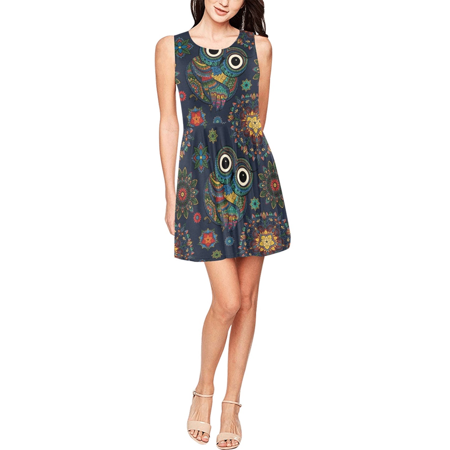Owl Boho Style Pattern Print Design A04 Sleeveless Dress