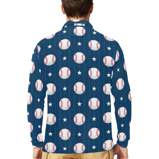 Baseball Star Print Pattern Long Sleeve Polo Shirt For Men's