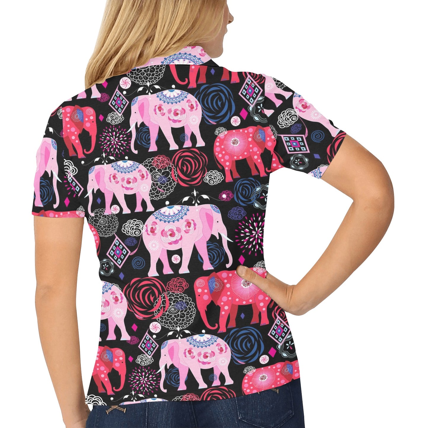 Pink Elephant Pattern Women's Polo Shirt