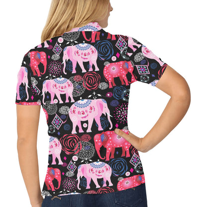 Pink Elephant Pattern Women's Polo Shirt