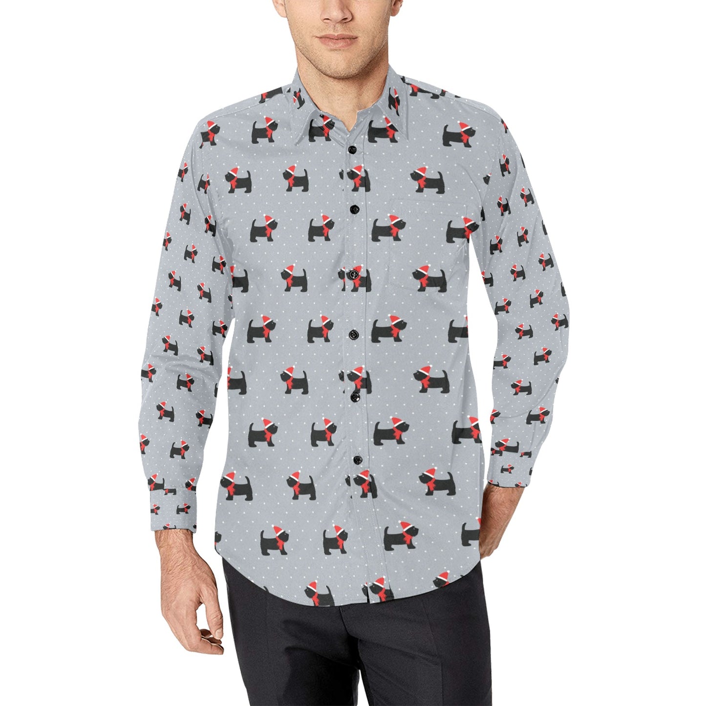 Scottish Christmas Themed Terriers Print Design LKS3018 Men's Long Sleeve Dress Shirt