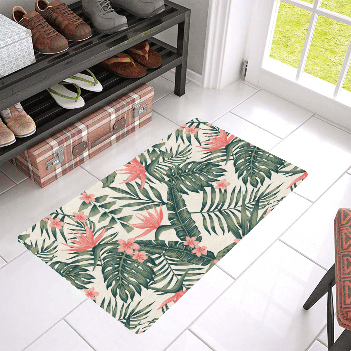Tropical Flower Palm Leaves Rubber Doormat