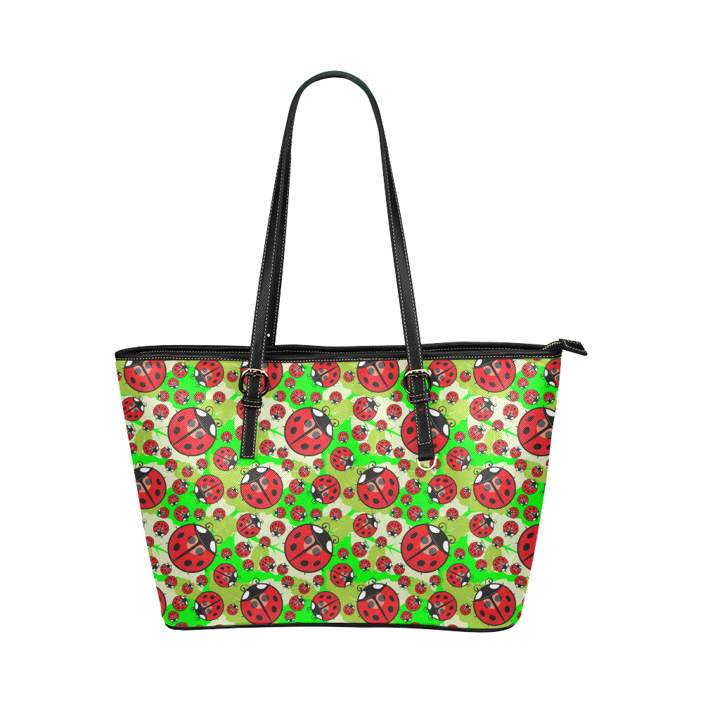 Ladybug with Leaf Print Pattern Leather Tote Bag