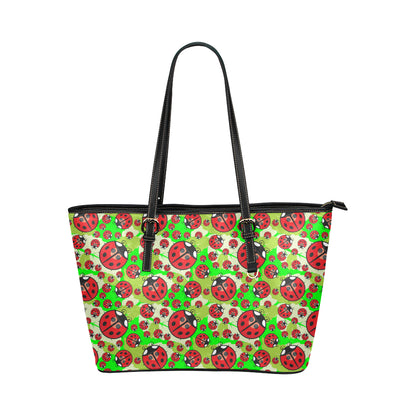 Ladybug with Leaf Print Pattern Leather Tote Bag