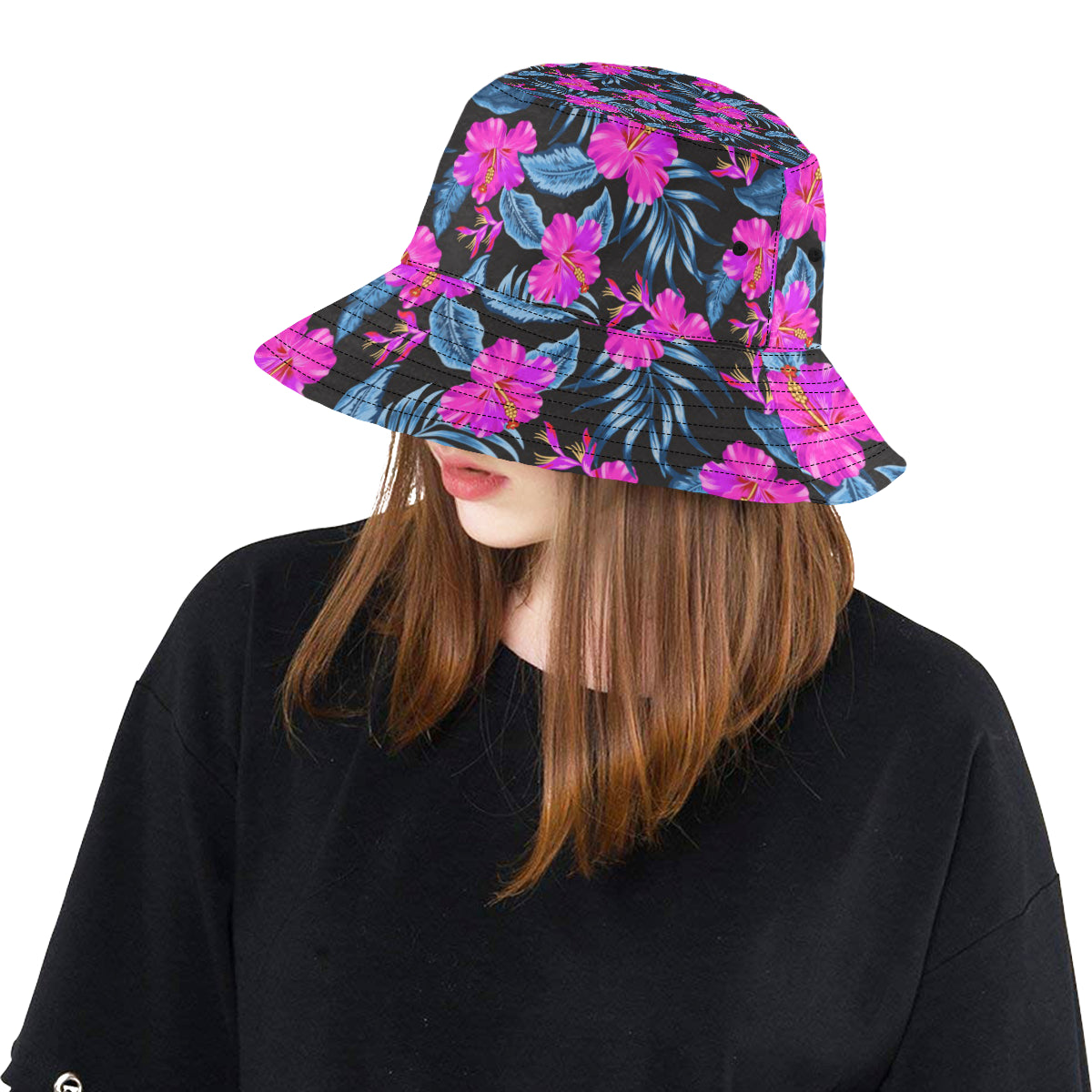 Neon Pink Hibiscus Pattern Print Design HB015 Unisex Bucket Hat