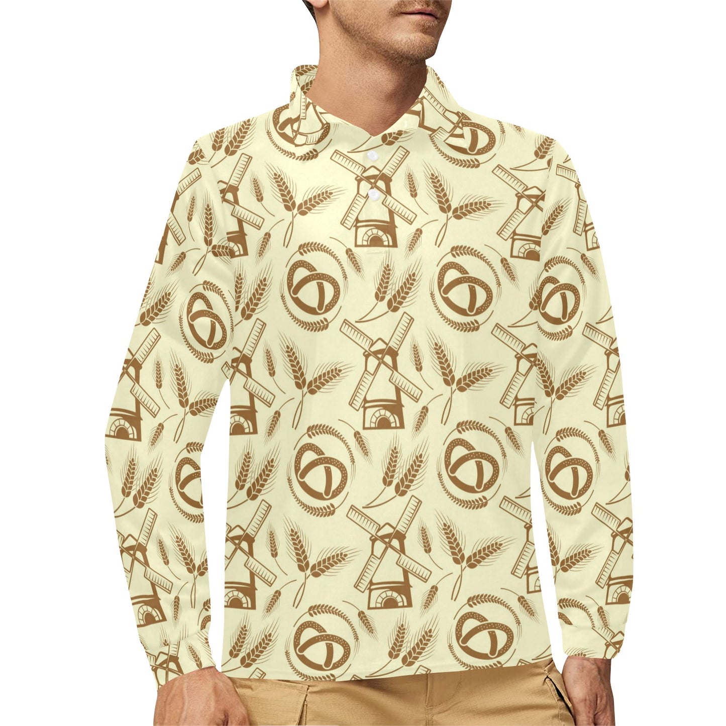 Agricultural Windmills Print Design 03 Long Sleeve Polo Shirt For Men's