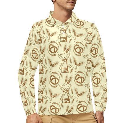 Agricultural Windmills Print Design 03 Long Sleeve Polo Shirt For Men's