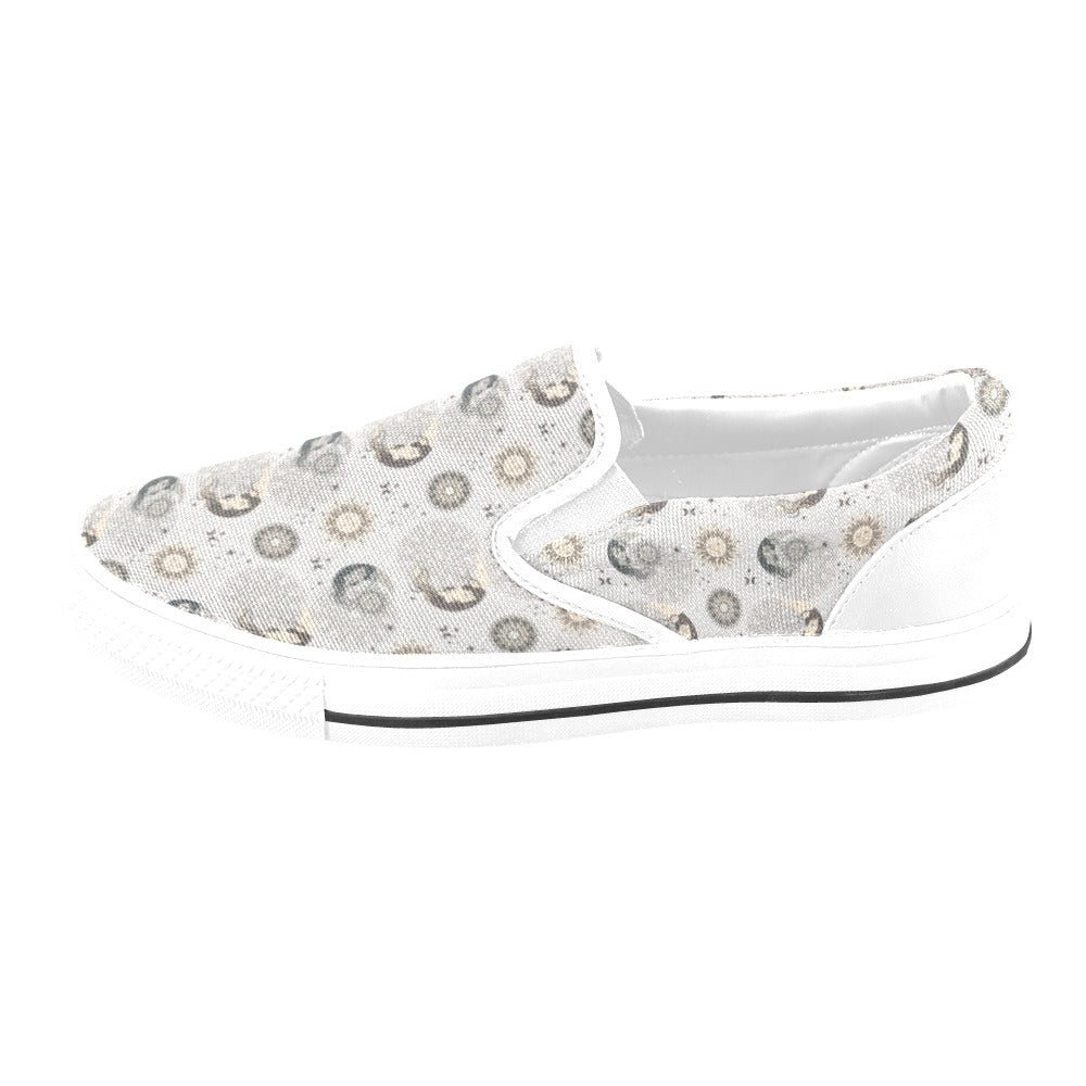 Sun Moon Print Design LKS302 White Slip Ons Canvas Women's Shoes