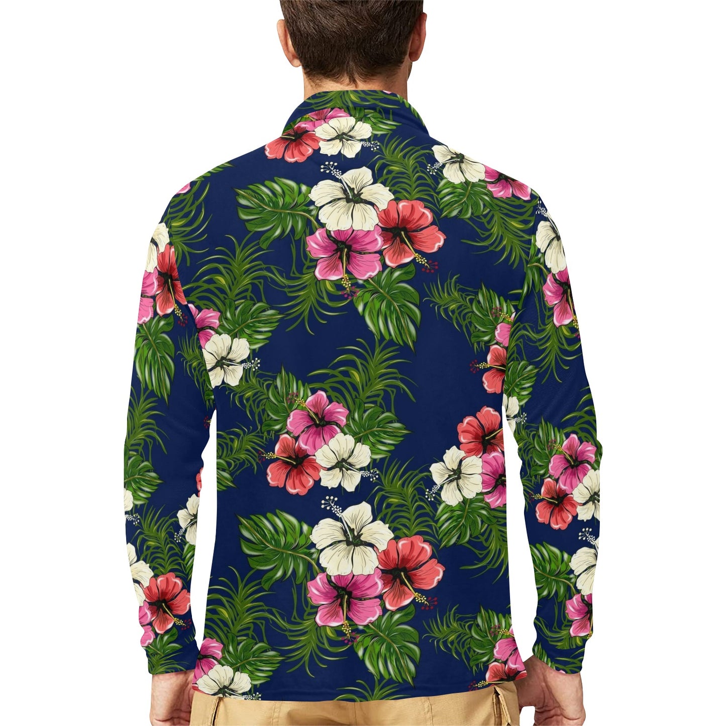 Hibiscus Pattern Print Design HB028 Long Sleeve Polo Shirt For Men's