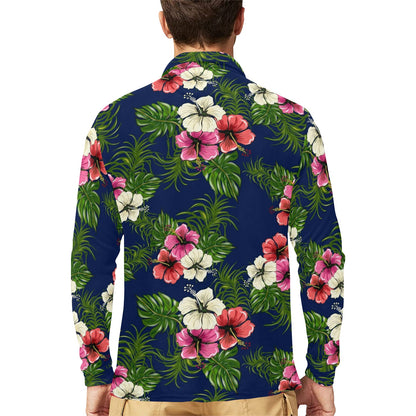 Hibiscus Pattern Print Design HB028 Long Sleeve Polo Shirt For Men's