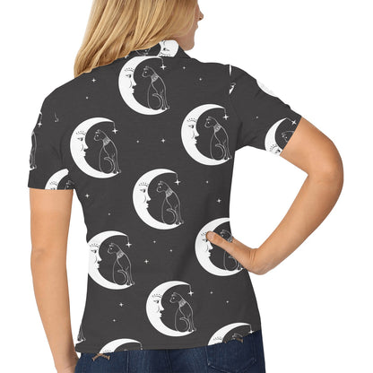 Moon with Cat Pattern Print Design 04 Women's Polo Shirt
