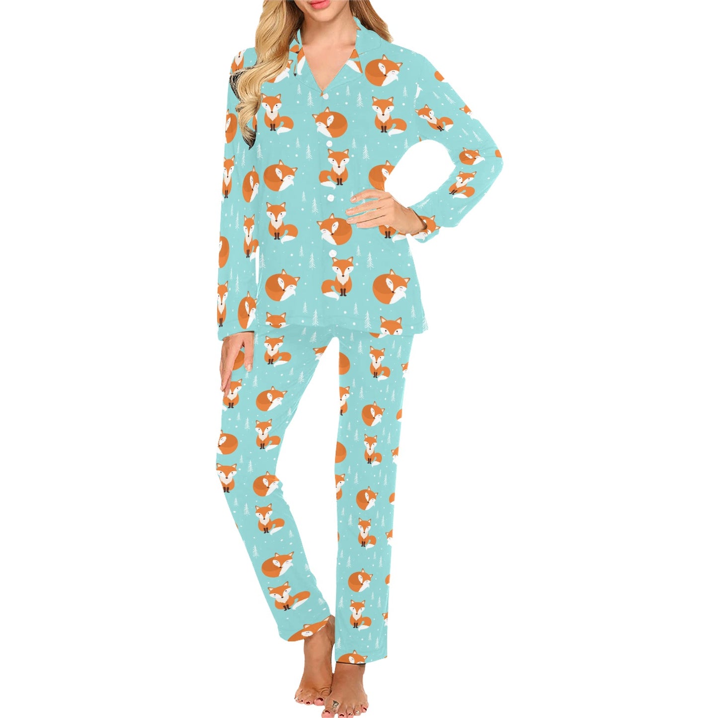 Fox Design Snow Print Pattern Women's Long Pajama Set