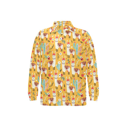 Llama Cute Themed Print Long Sleeve Polo Shirt For Men's