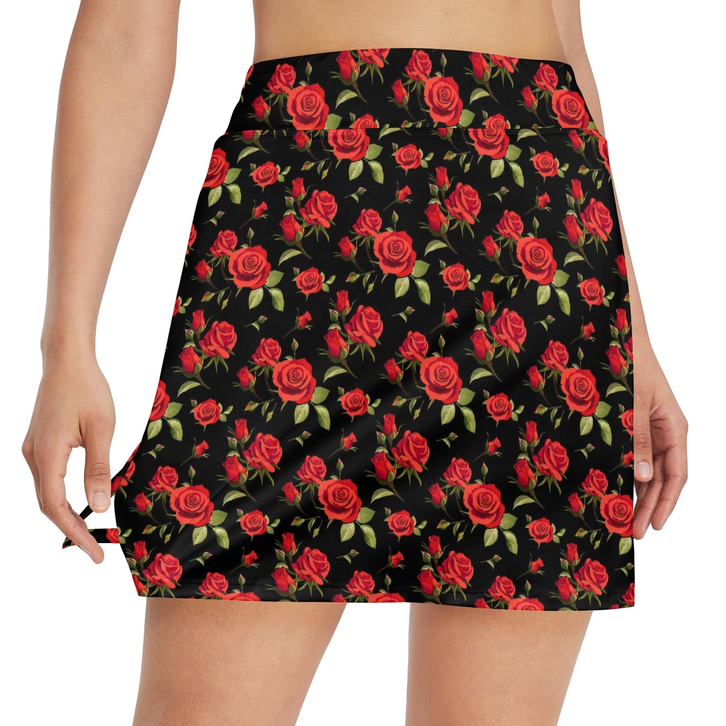 Red Rose Themed Print Women's Golf Skirt with Pocket