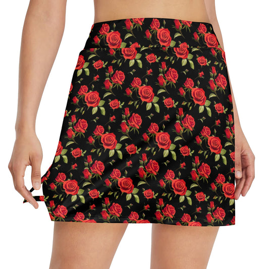 Red Rose Themed Print Women's Golf Skirt with Pocket