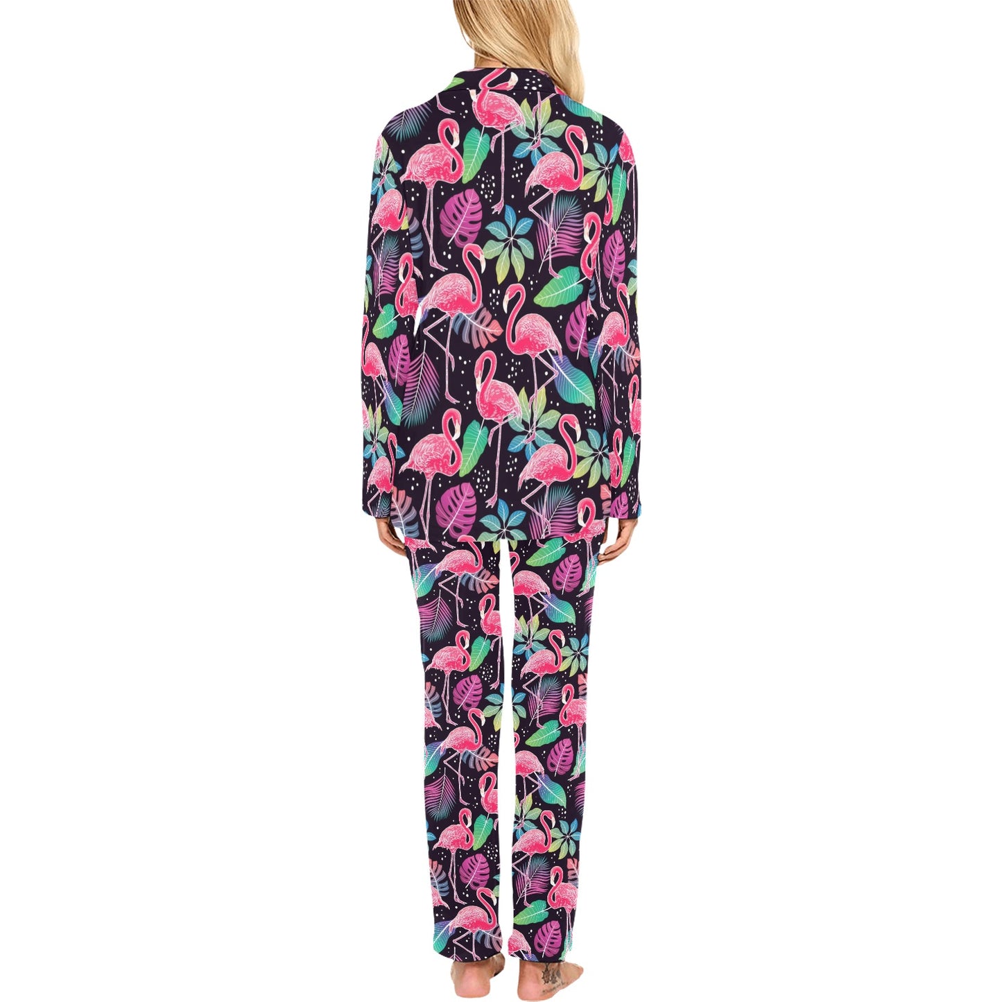 Flamingo Tropical leaves Neon Print Women's Long Pajama Set