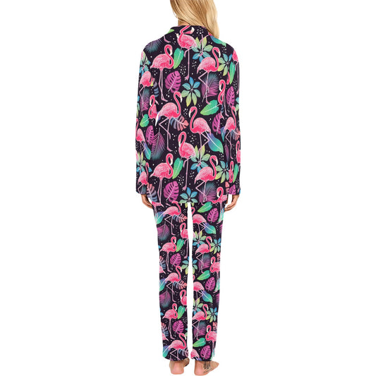 Flamingo Tropical leaves Neon Print Women's Long Pajama Set