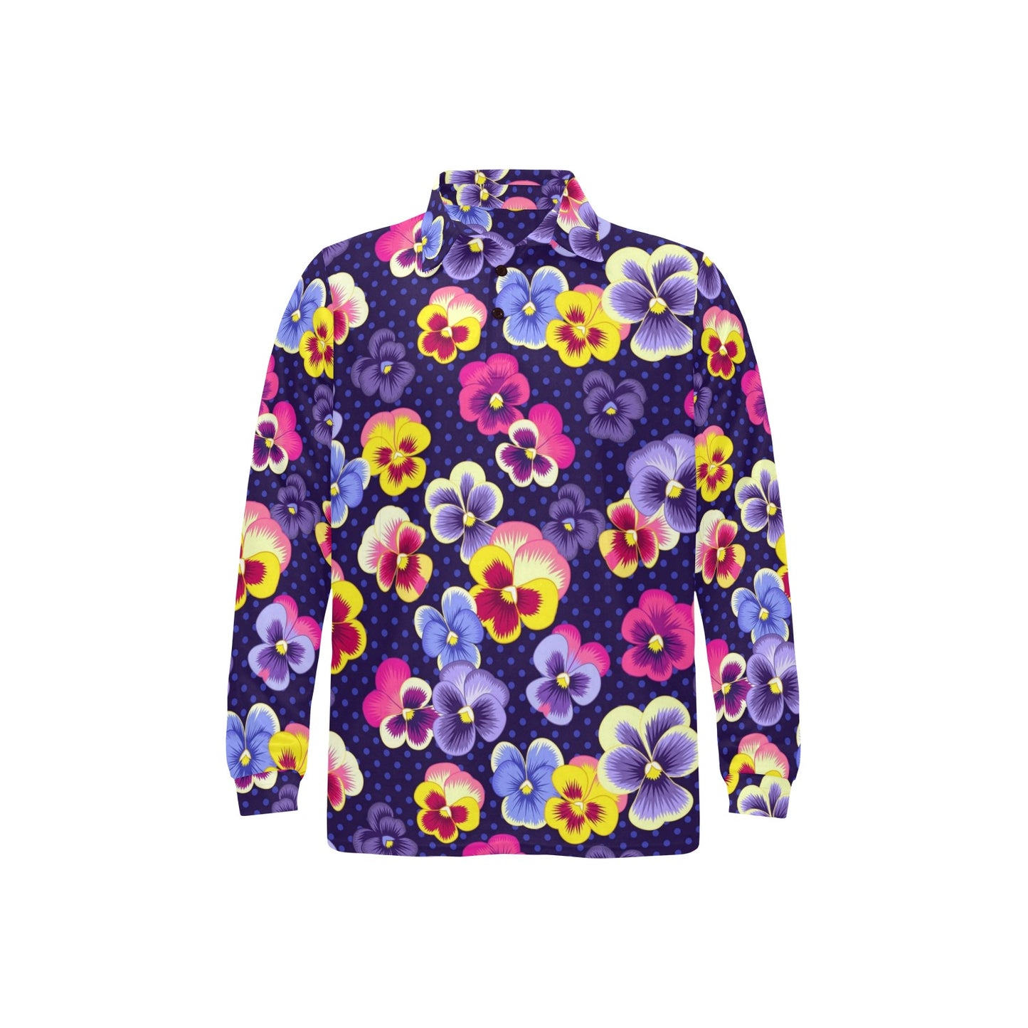 Pansy Pattern Print Design PS04 Long Sleeve Polo Shirt For Men's