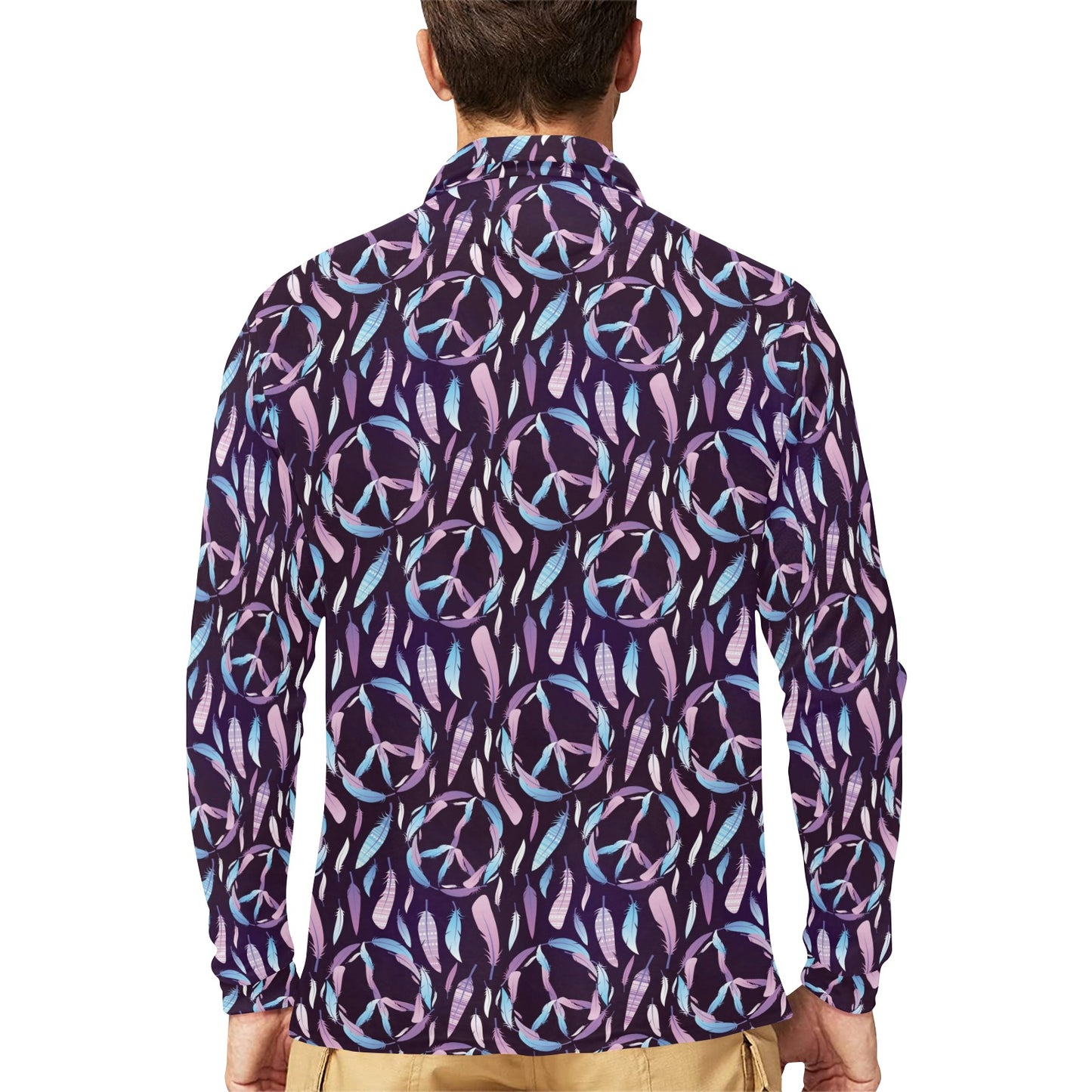 Peace Sign Feather Design Print Long Sleeve Polo Shirt For Men's