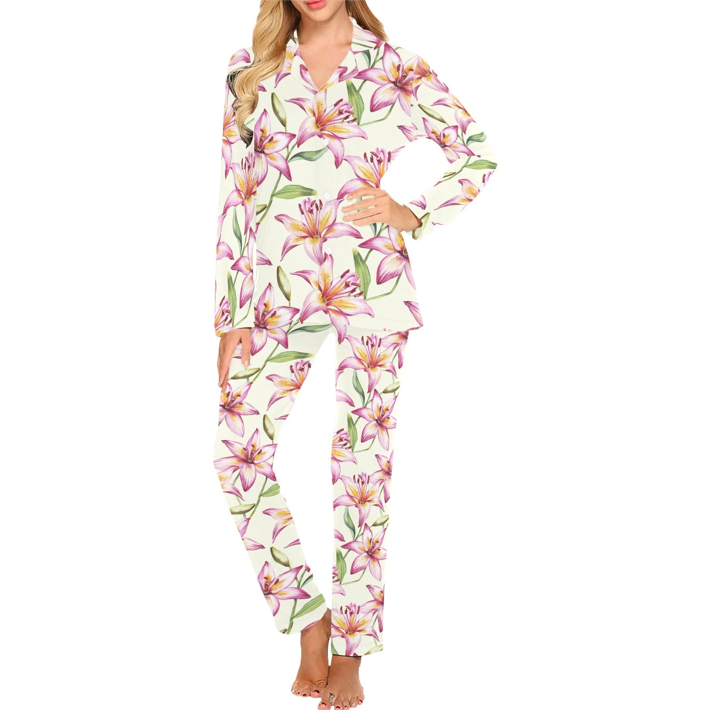 Lily Pattern Print Design LY011 Women's Long Pajama Set