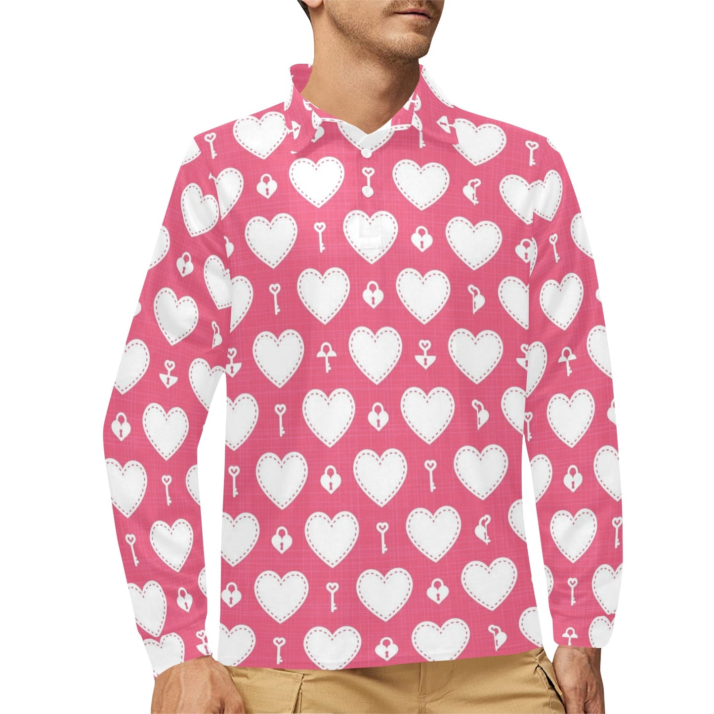 Heart Key Pattern Print Design HE09 Long Sleeve Polo Shirt For Men's