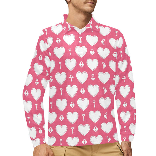 Heart Key Pattern Print Design HE09 Long Sleeve Polo Shirt For Men's