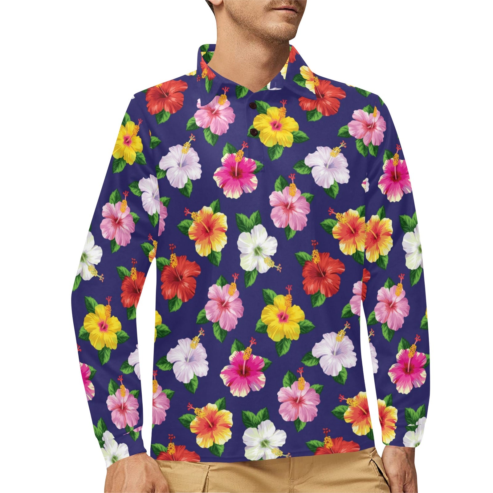 Hibiscus Colorful Print Design LKS301 Long Sleeve Polo Shirt For Men's
