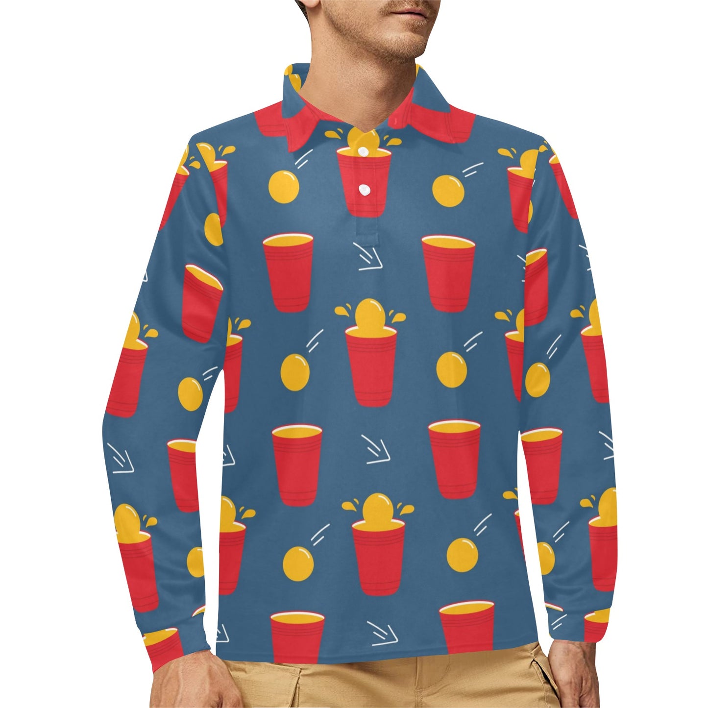Beer Pong Pattern Print Design 02 Long Sleeve Polo Shirt For Men's