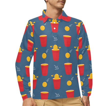 Beer Pong Pattern Print Design 02 Long Sleeve Polo Shirt For Men's