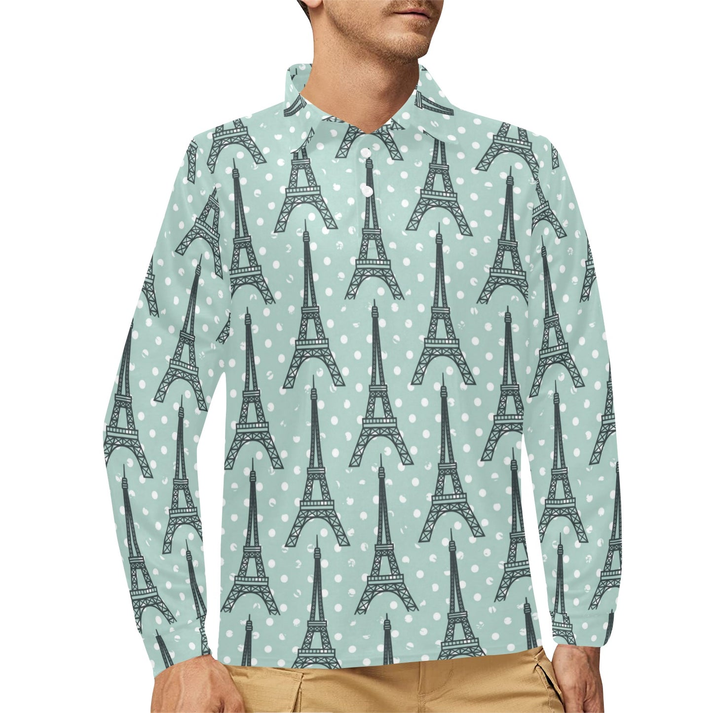Eiffel Tower Polka Dot Print Long Sleeve Polo Shirt For Men's