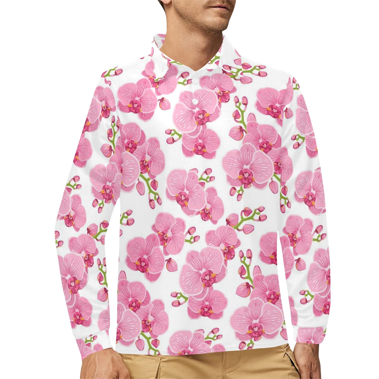 Orchid Pink Pattern Print Design OR07 Long Sleeve Polo Shirt For Men's