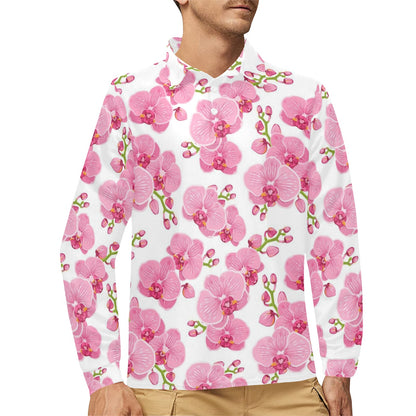 Orchid Pink Pattern Print Design OR07 Long Sleeve Polo Shirt For Men's