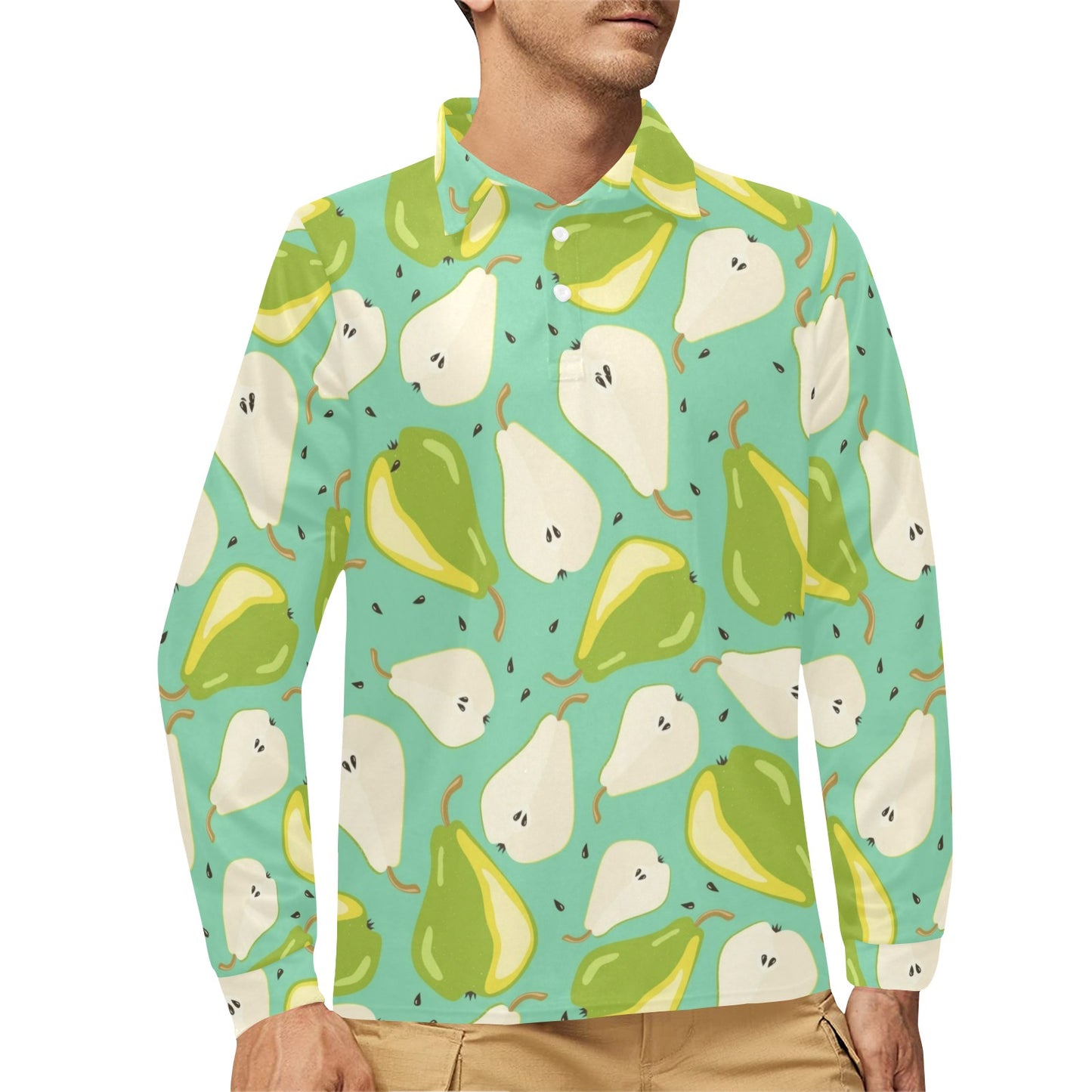 Pear Pattern Print Design PE04 Long Sleeve Polo Shirt For Men's