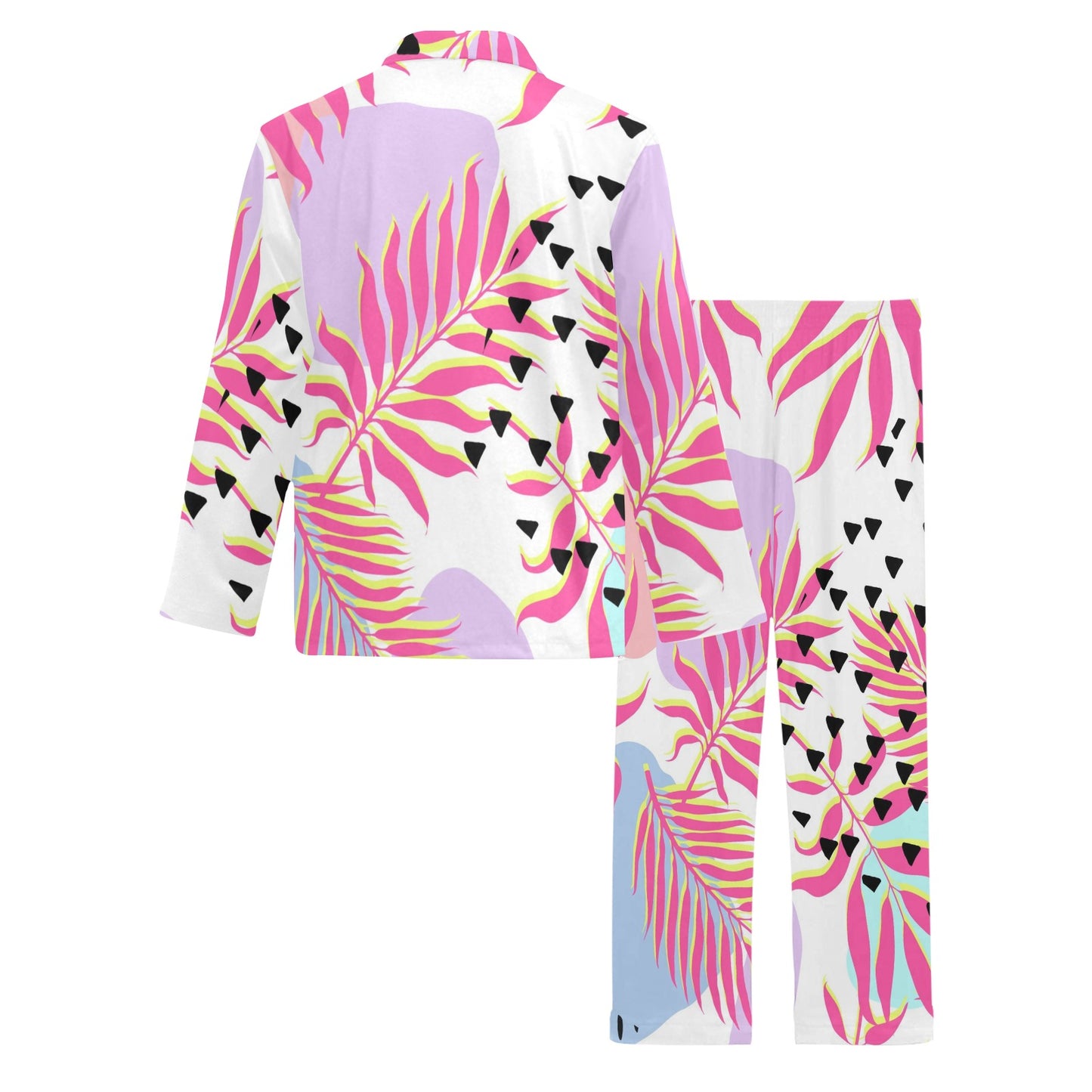 Pink Tropical Palm Leaves Men's Long Pajama Set