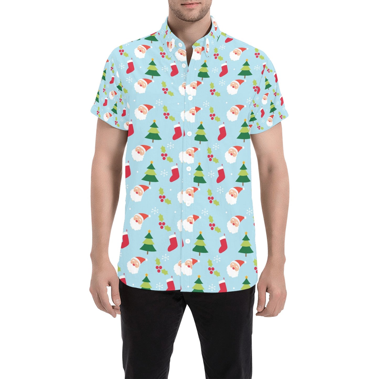 Santa Themed Print Design LKS301 Men Short Sleeve Button Up Shirt